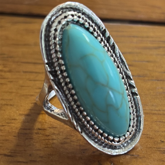 Faux Turquoise Oval Silver Tone Ring - Picture 2 of 2
